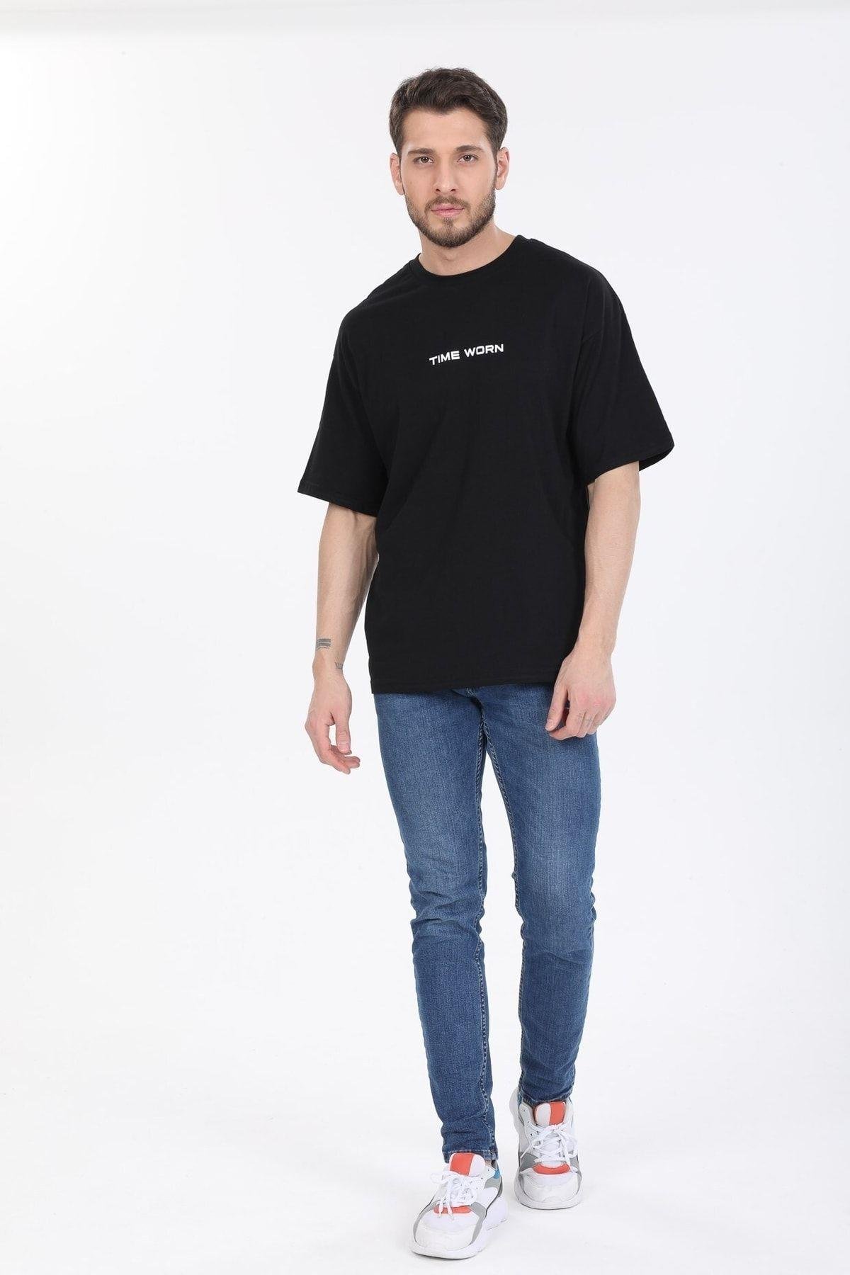 Oversize Time Worn Yazılı Siyah T-shirt