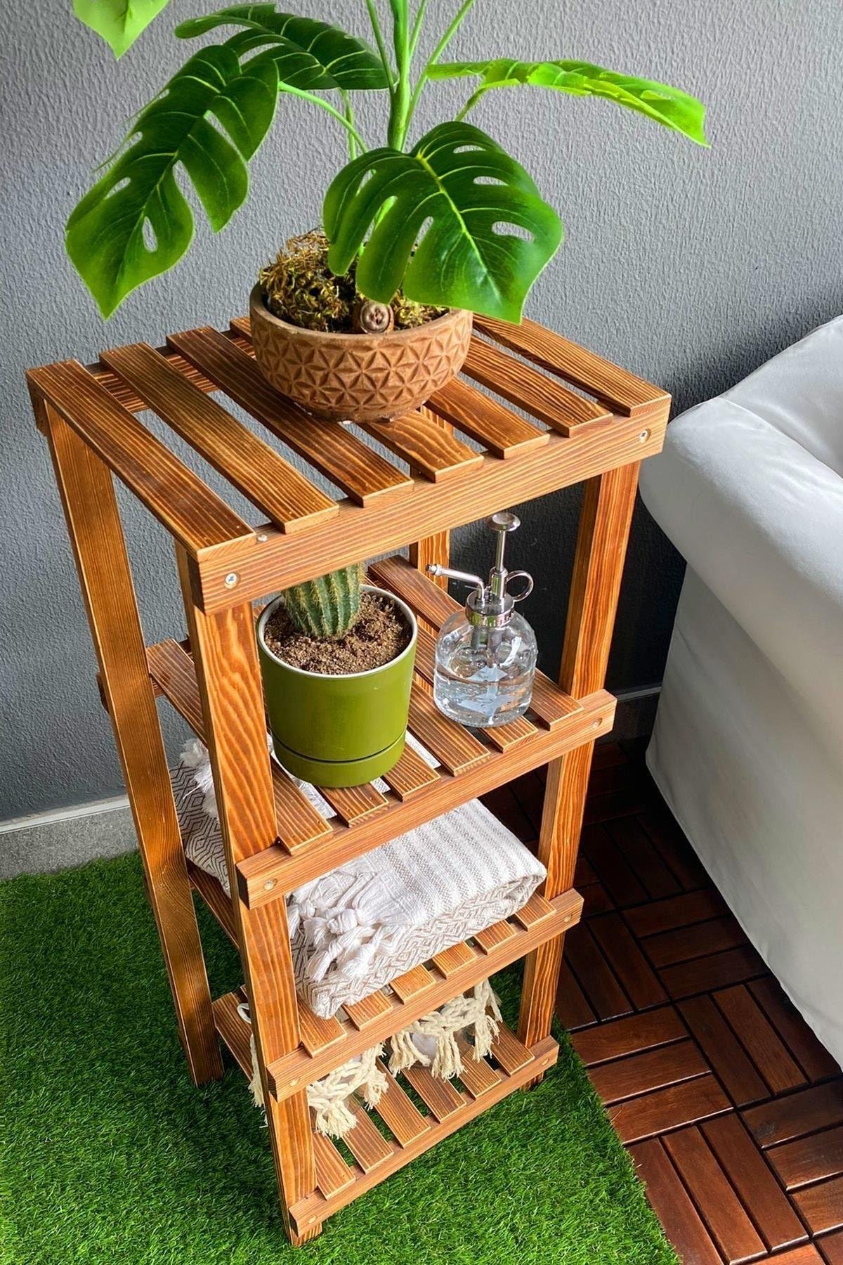 Ahşap 4 Katlı Saksılık Dekoratif Balkon Bahçe Saksılığı Ykmmob102