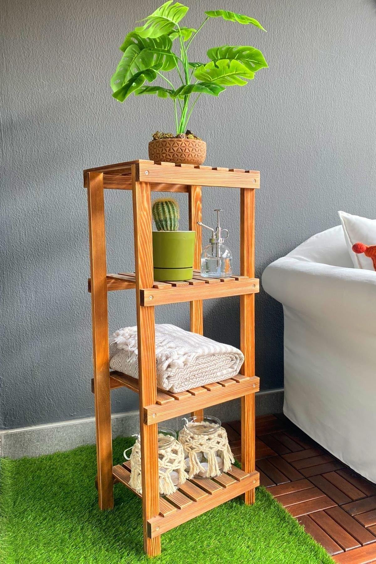 Ahşap 4 Katlı Saksılık Dekoratif Balkon Bahçe Saksılığı Ykmmob102