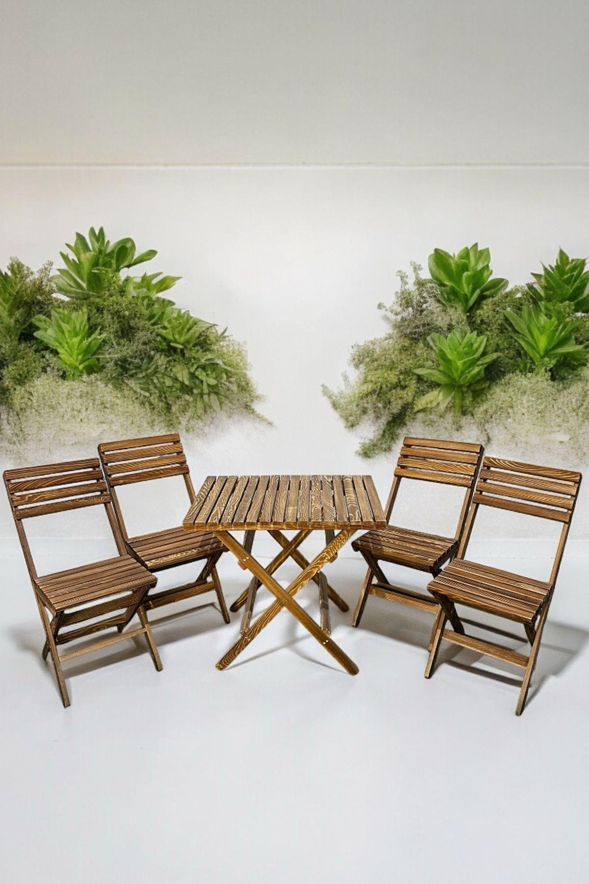Ahşap Balkon Bahçe Mutfak Bistro Set Katlanır 4sandalye 1masa 60x80cm Ahşap Oturma Seti Yakma Mob248