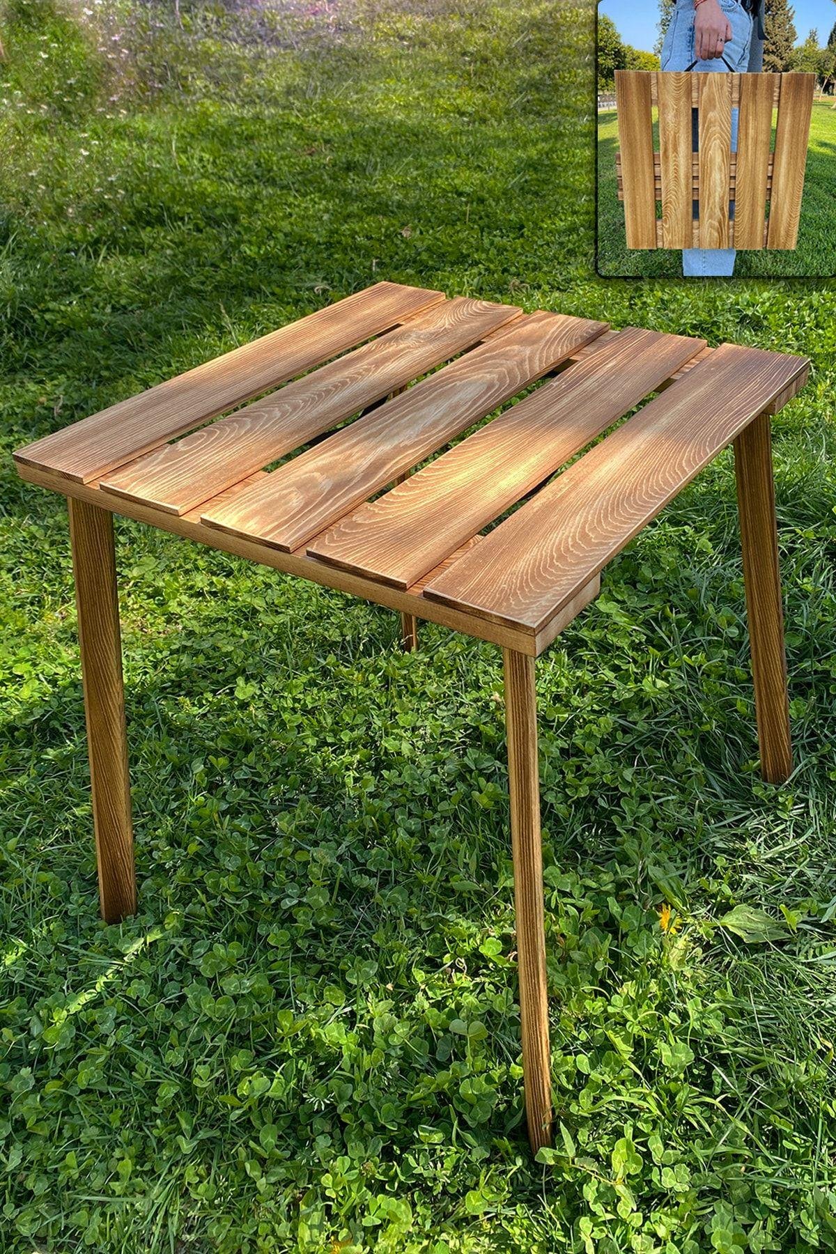 Katlanır Kamp Ve Piknik Masası Ahşap Çantalı 50x50cm Balkon Bahçe Masası Ykm Mob188