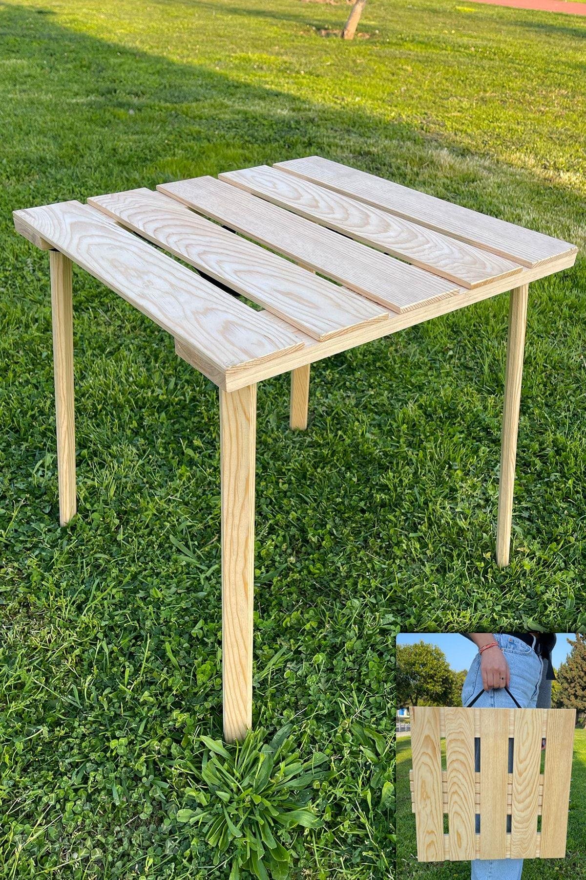 Katlanır Kamp ve Piknik Masası Ahşap Çantalı 50x50cm Balkon Bahçe Masası Nat mob189