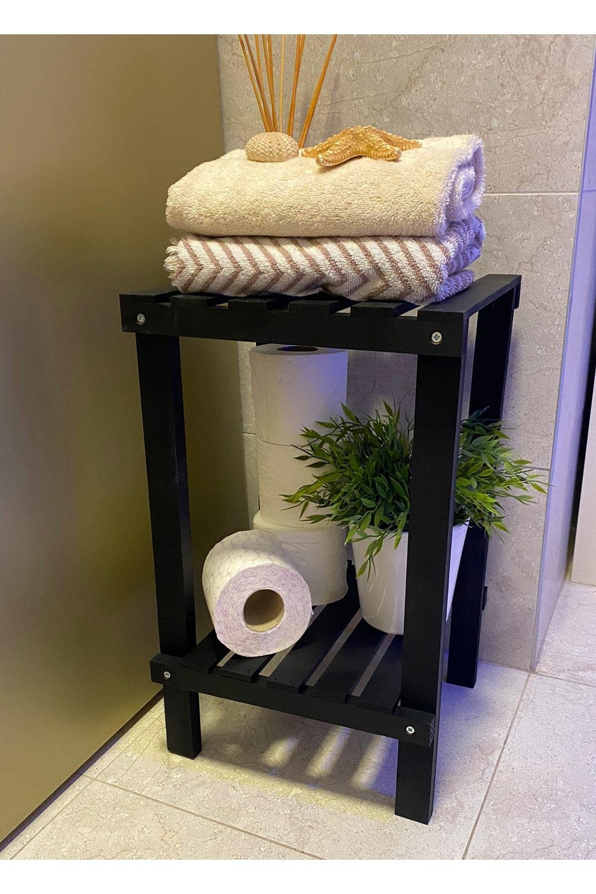 Siyah Premium Serisi Ahşap 2 Katlı Banyo Düzenleyici Çok Amaçlı Raf Banyo Organizeri Mob147