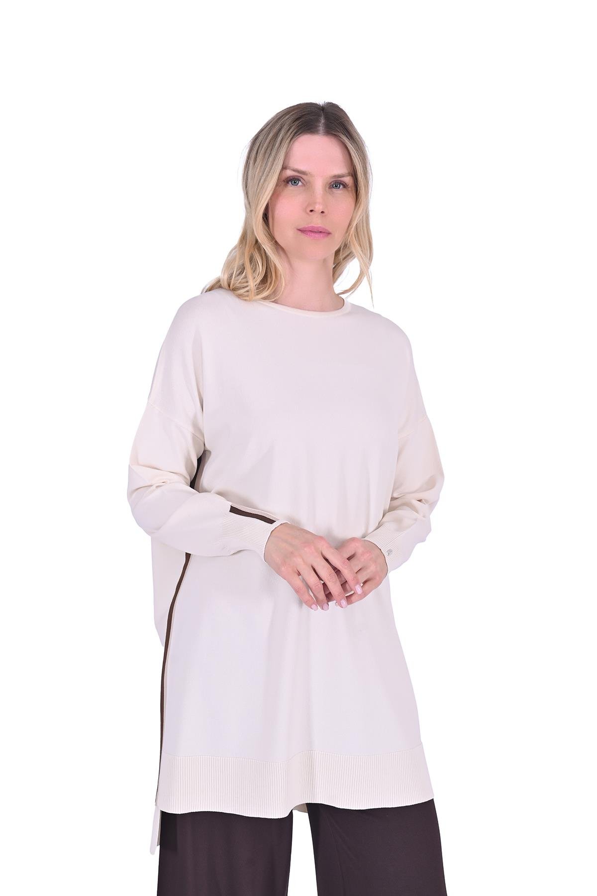 Oversize Renk Detaylı Triko Tunik VANİLYA