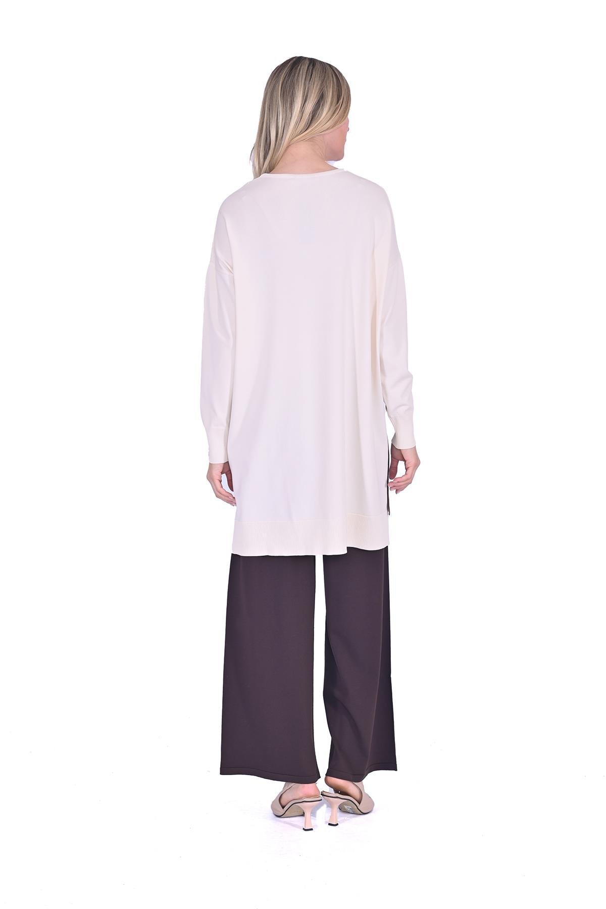 Oversize Renk Detaylı Triko Tunik VANİLYA