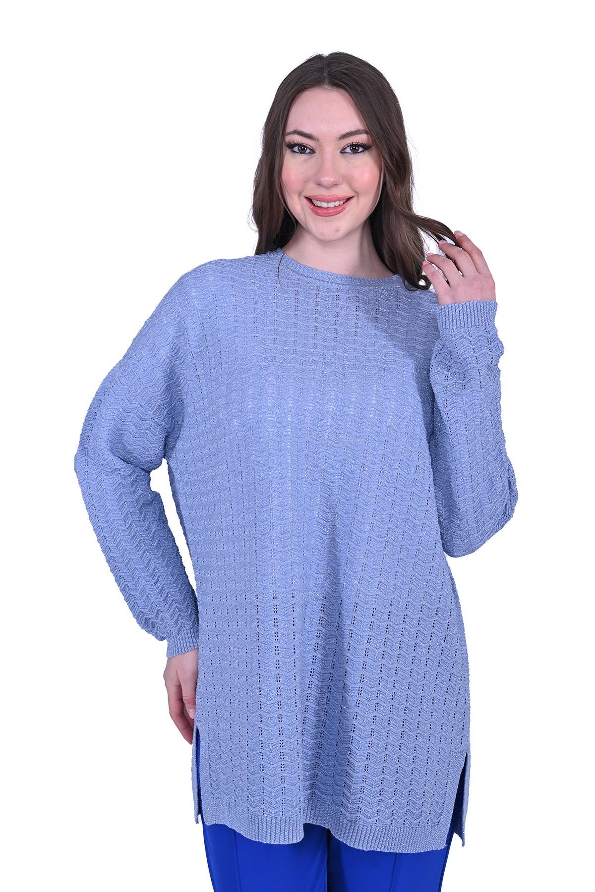 Simli Ripple Triko Tunik MAVİ