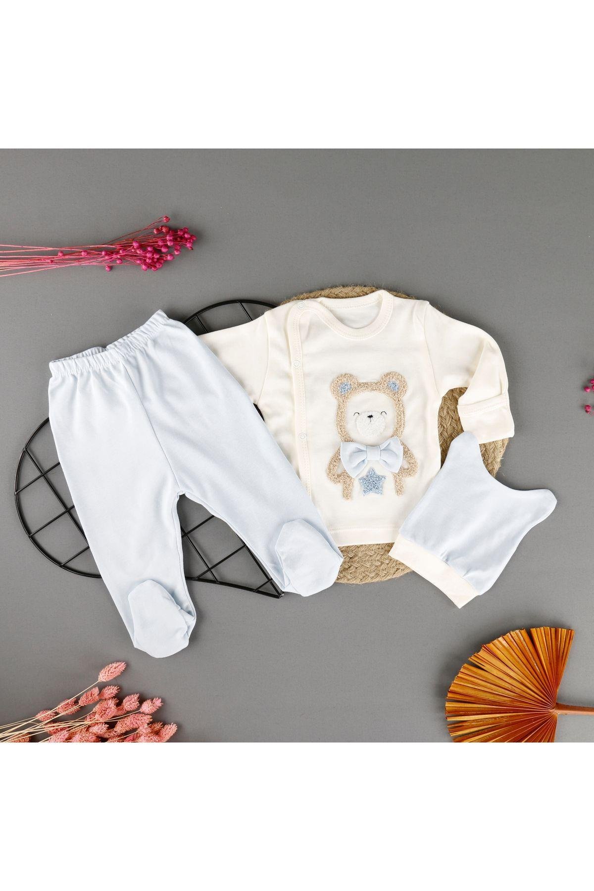 Pamuklu Ayıcık Nakışlı 3'Lü Unisex Zıbın Set
