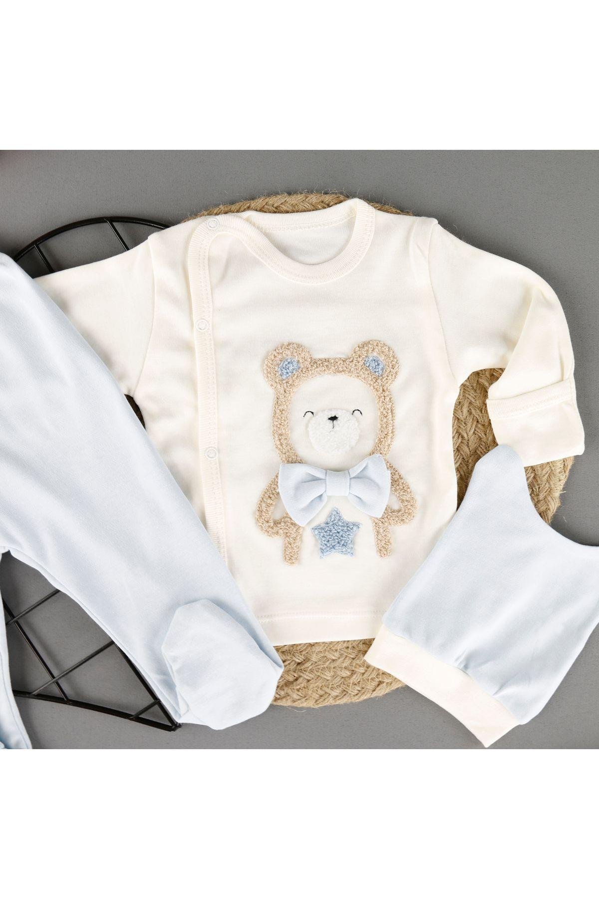 Pamuklu Ayıcık Nakışlı 3'Lü Unisex Zıbın Set