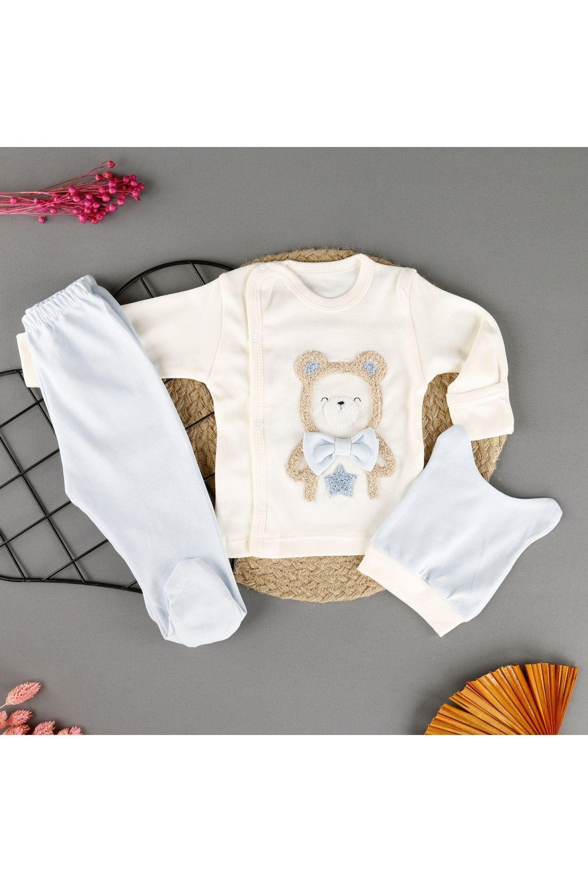 Pamuklu Ayıcık Nakışlı 3'Lü Unisex Zıbın Set