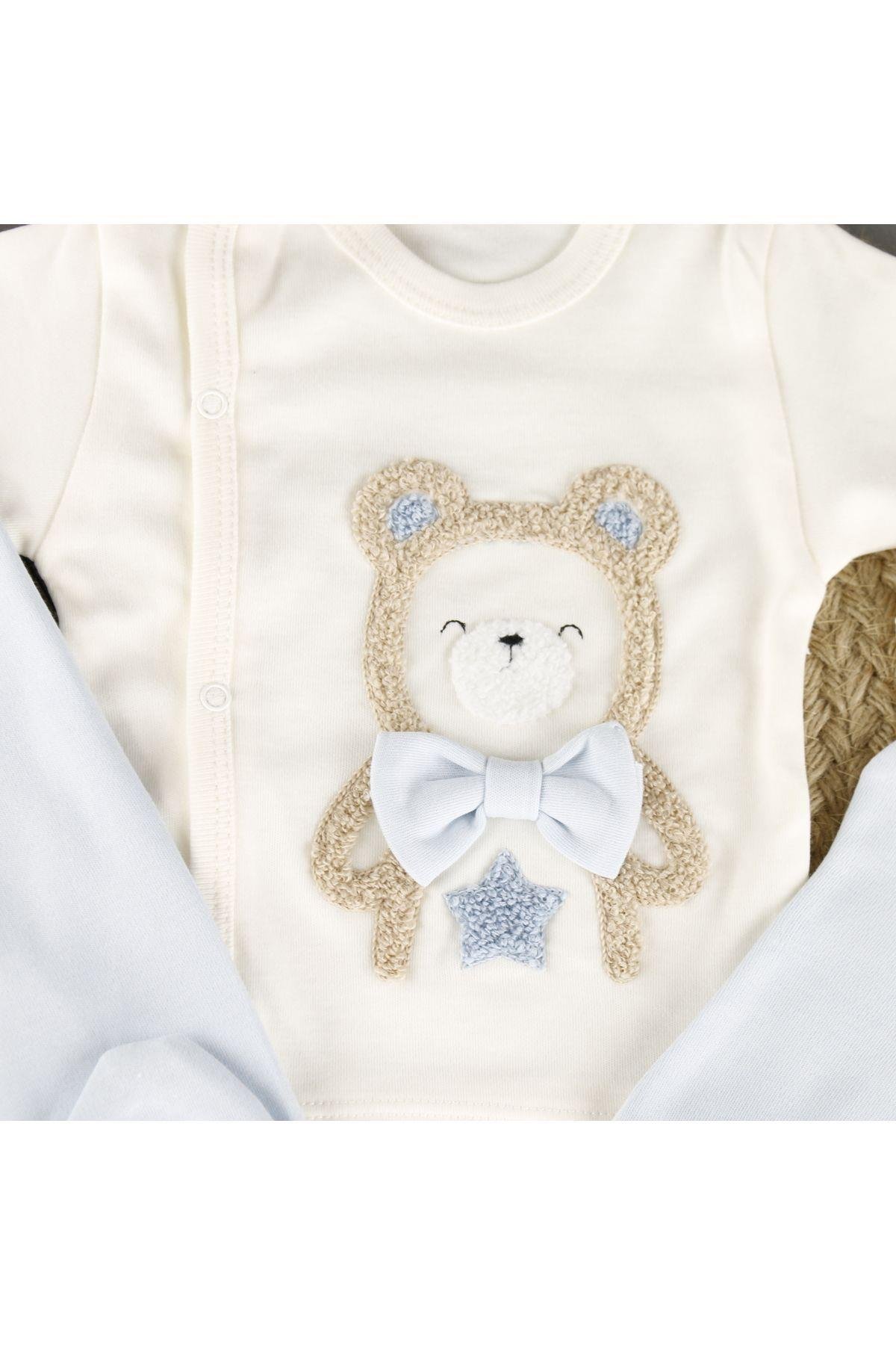 Pamuklu Ayıcık Nakışlı 3'Lü Unisex Zıbın Set