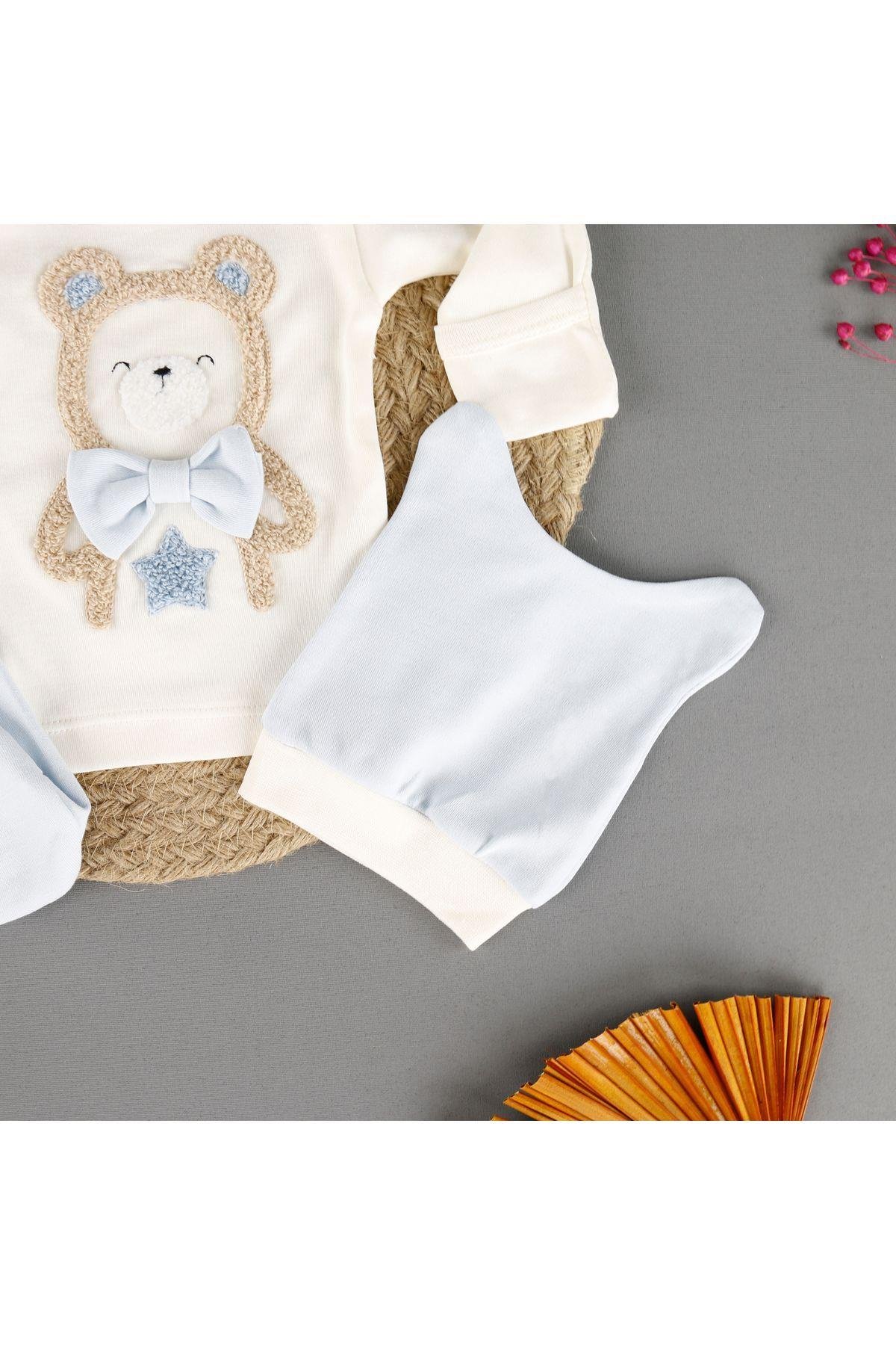 Pamuklu Ayıcık Nakışlı 3'Lü Unisex Zıbın Set