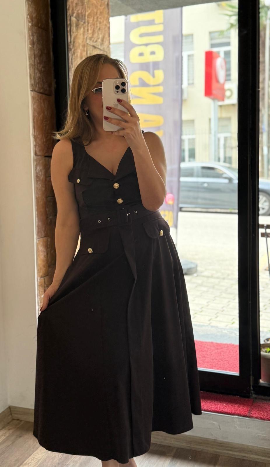 Kemerli Uzun Düğmeli Elbise Acı Kahve Yeni