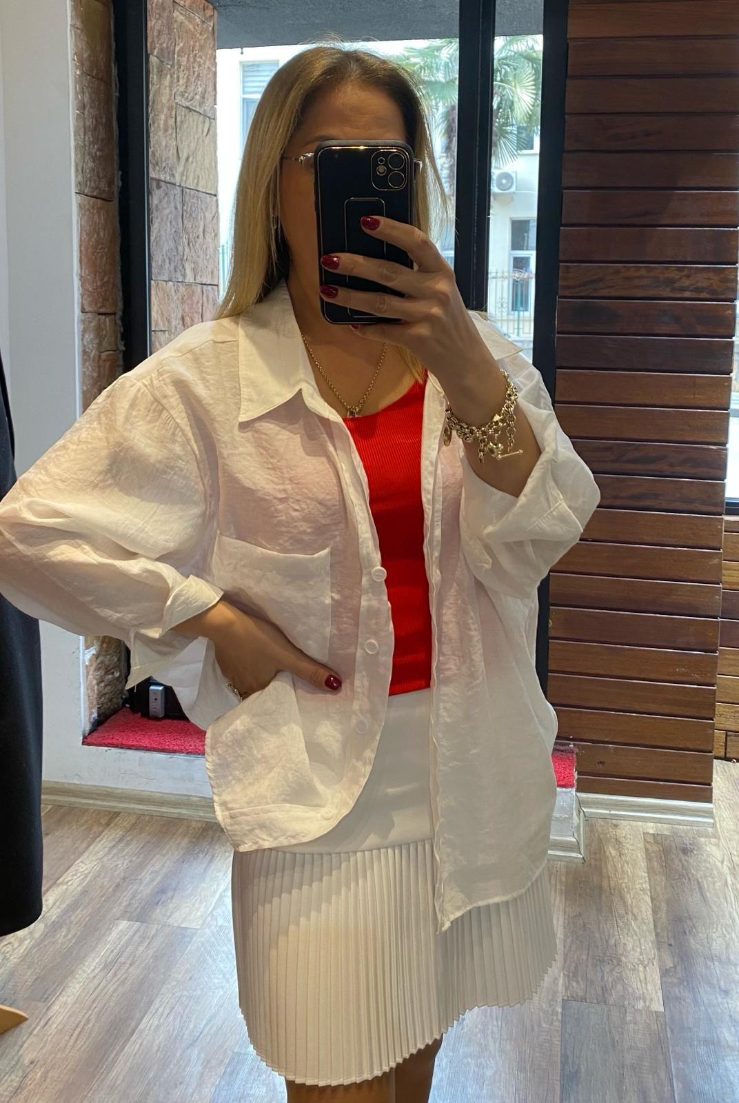 Oversize Tensel Cepli Gömlek Beyaz