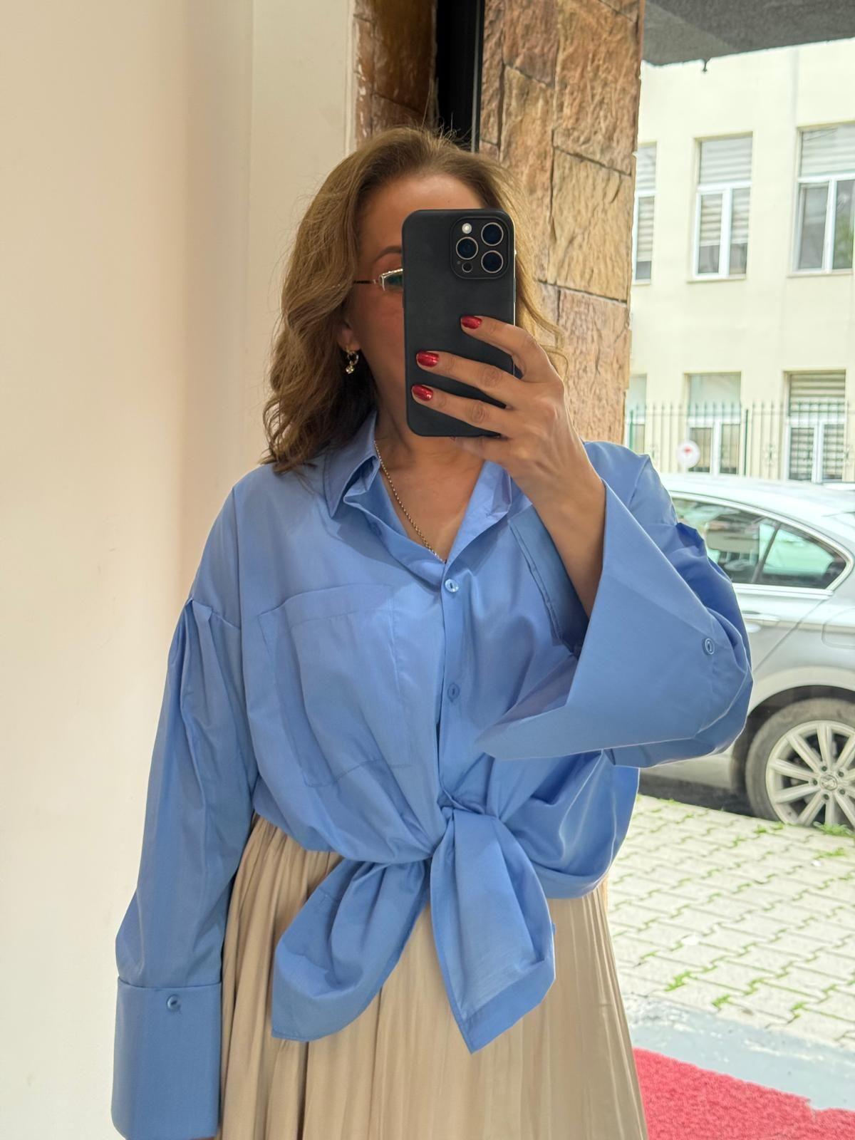 Poplin Kalın Manşet Gömlek Mavi Yeni