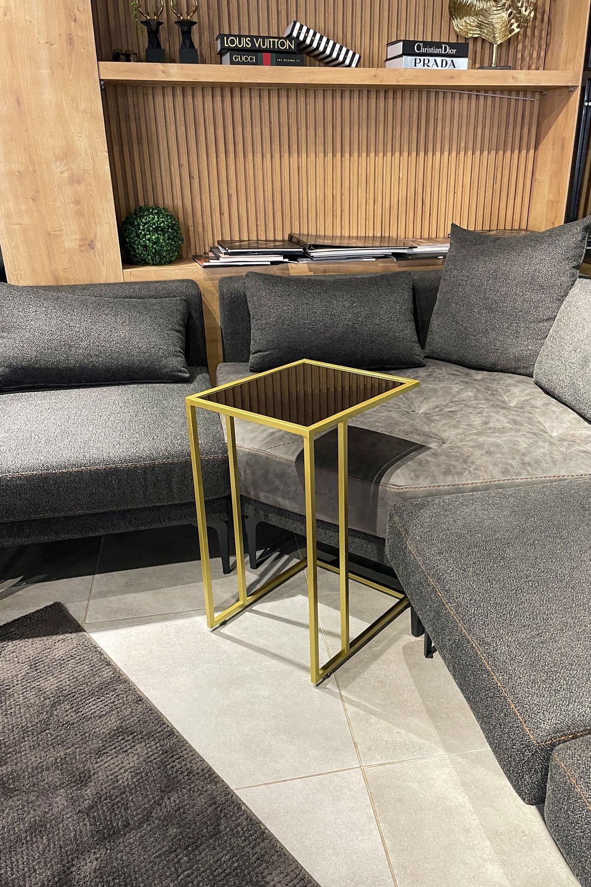 3'lü GOLD C Sehpa, SİYAH Camlı, Çok Amaçlı Metal Sehpa