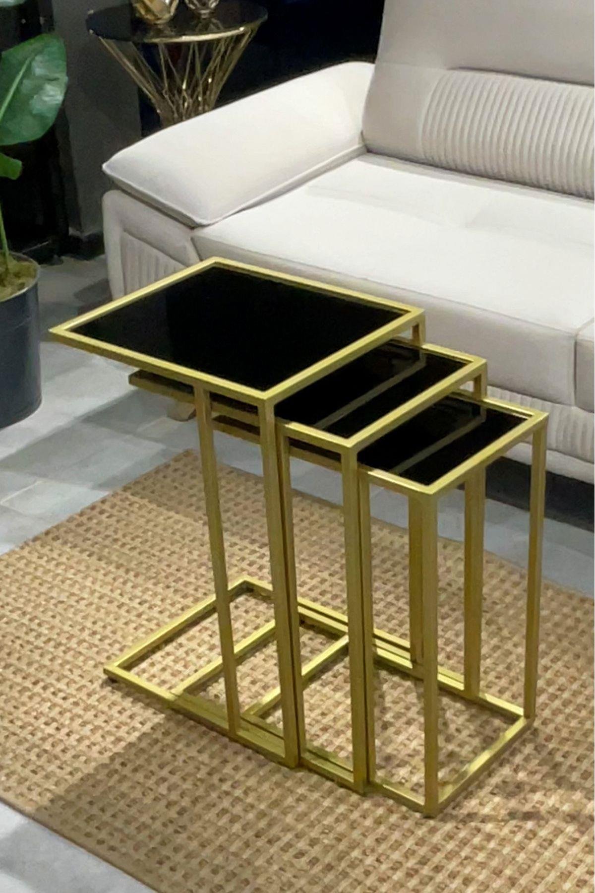 3'lü GOLD C Sehpa, SİYAH Camlı, Çok Amaçlı Metal Sehpa