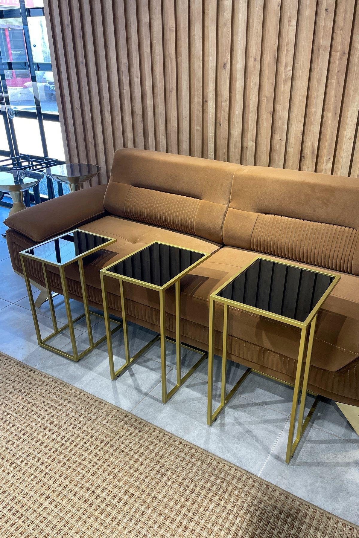 3'lü GOLD C Sehpa, SİYAH Camlı, Çok Amaçlı Metal Sehpa
