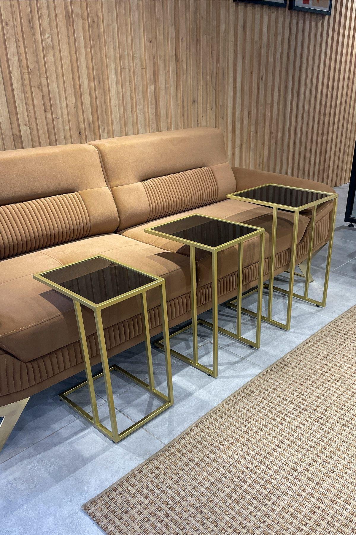 3'lü GOLD C Sehpa, SİYAH Camlı, Çok Amaçlı Metal Sehpa