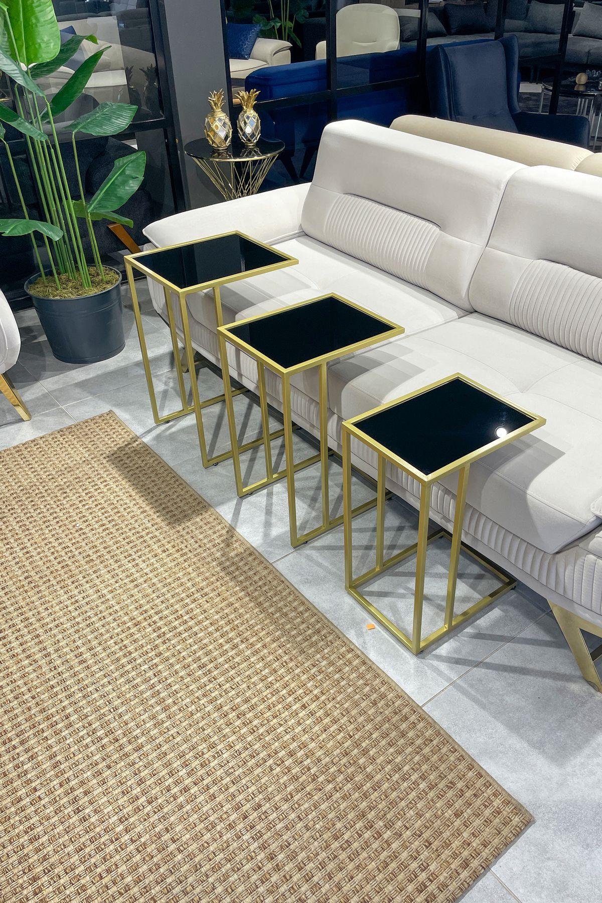 3'lü GOLD C Sehpa, SİYAH Camlı, Çok Amaçlı Metal Sehpa