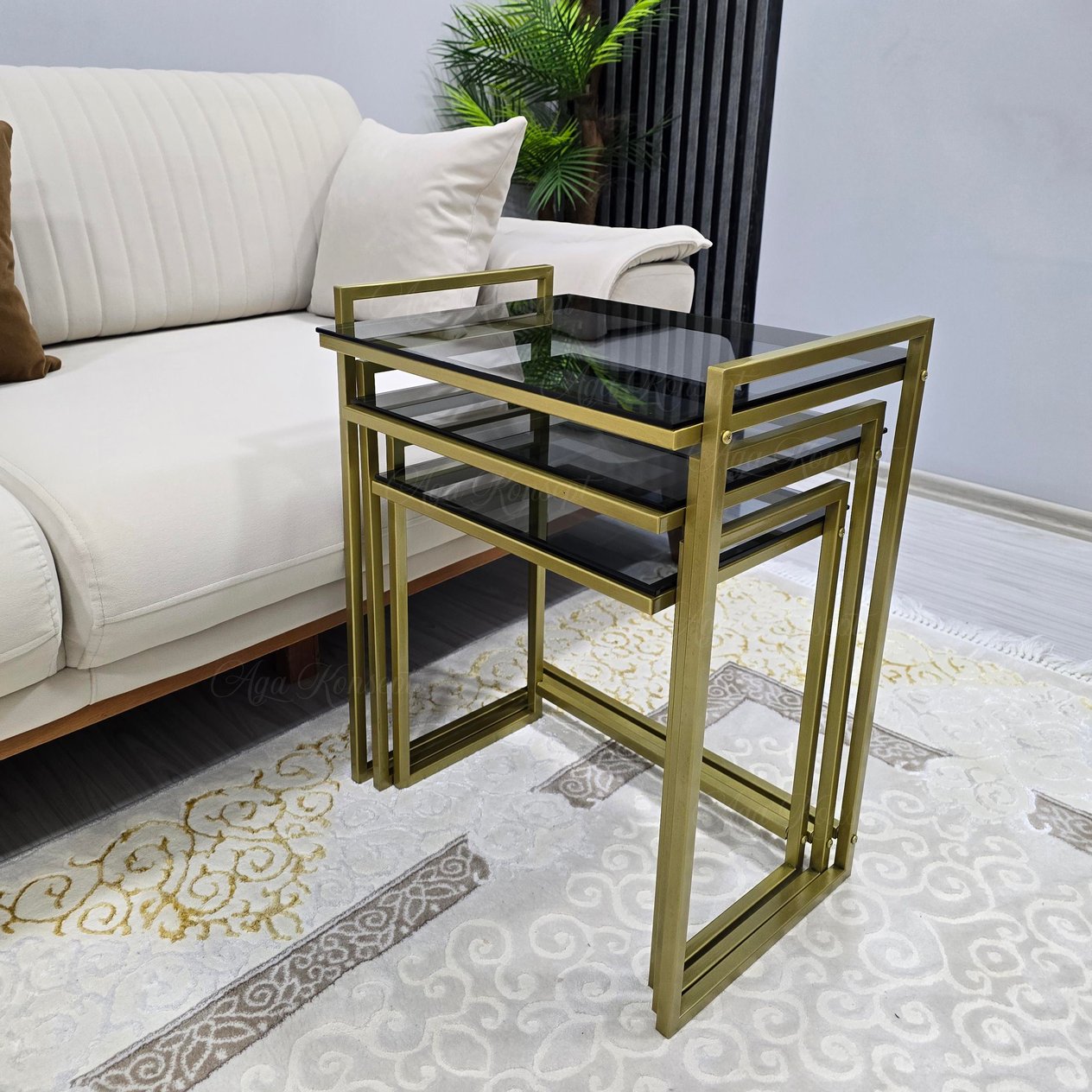 3'lü GOLD Rana Sehpa, FÜME Camlı, Çok Amaçlı Zigon Sehpa, Yan Sehpa, Orta Sehpa, Metal Sehpa