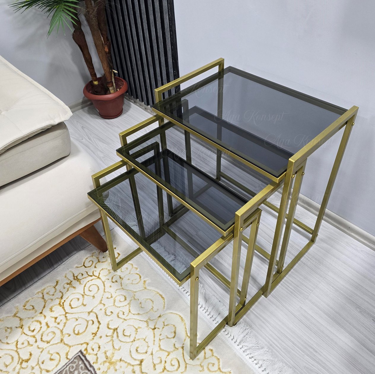 3'lü GOLD Rana Sehpa, FÜME Camlı, Çok Amaçlı Zigon Sehpa, Yan Sehpa, Orta Sehpa, Metal Sehpa