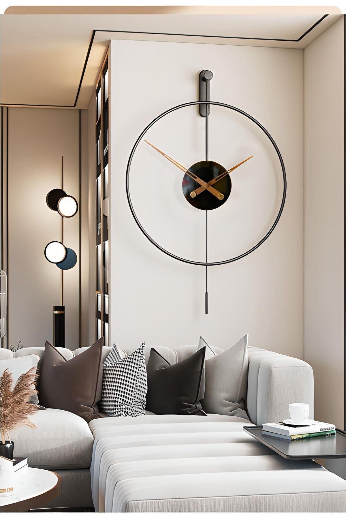 Izmir Time 60 Cm Siyah, Modern Dekoratif Sarkaçlı Metal Duvar Saati