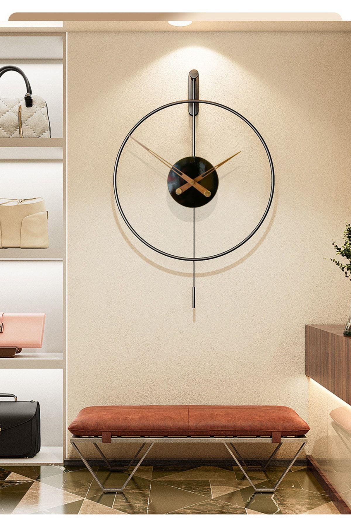 Izmir Time 60 Cm Siyah, Modern Dekoratif Sarkaçlı Metal Duvar Saati