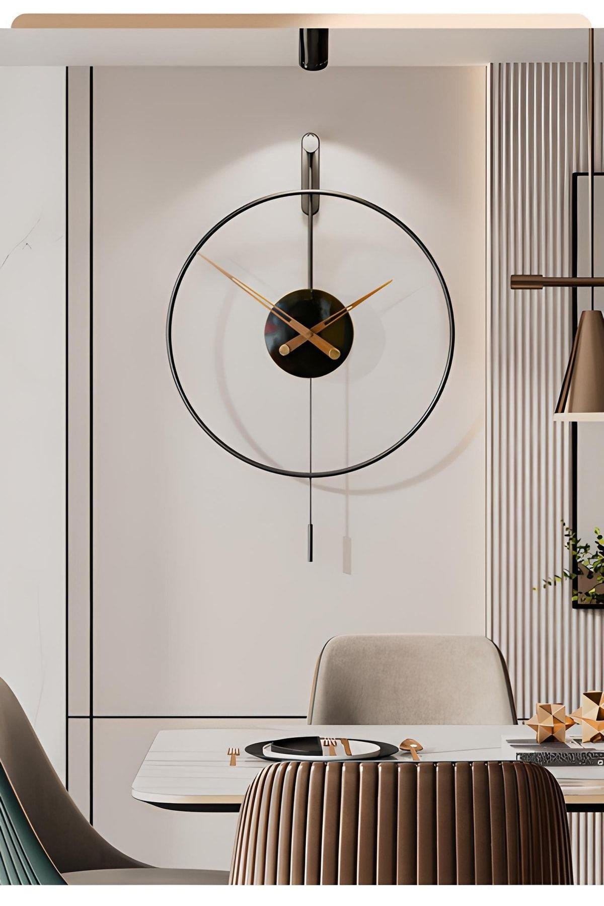 Izmir Time 60 Cm Siyah, Modern Dekoratif Sarkaçlı Metal Duvar Saati