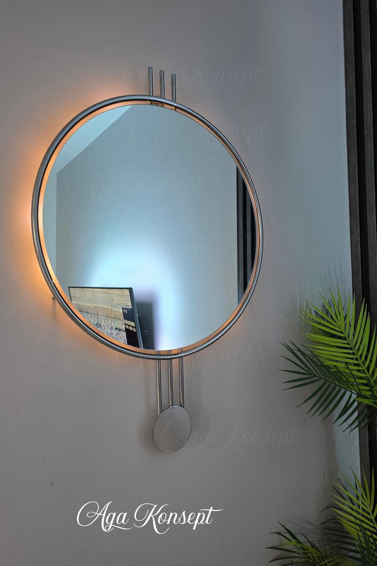 LED li AMEDİ Ayna GÜMÜŞ / Krom Rengi 60 cm Dekoratif Hol Koridor Duvar Salon Makyaj Aynası