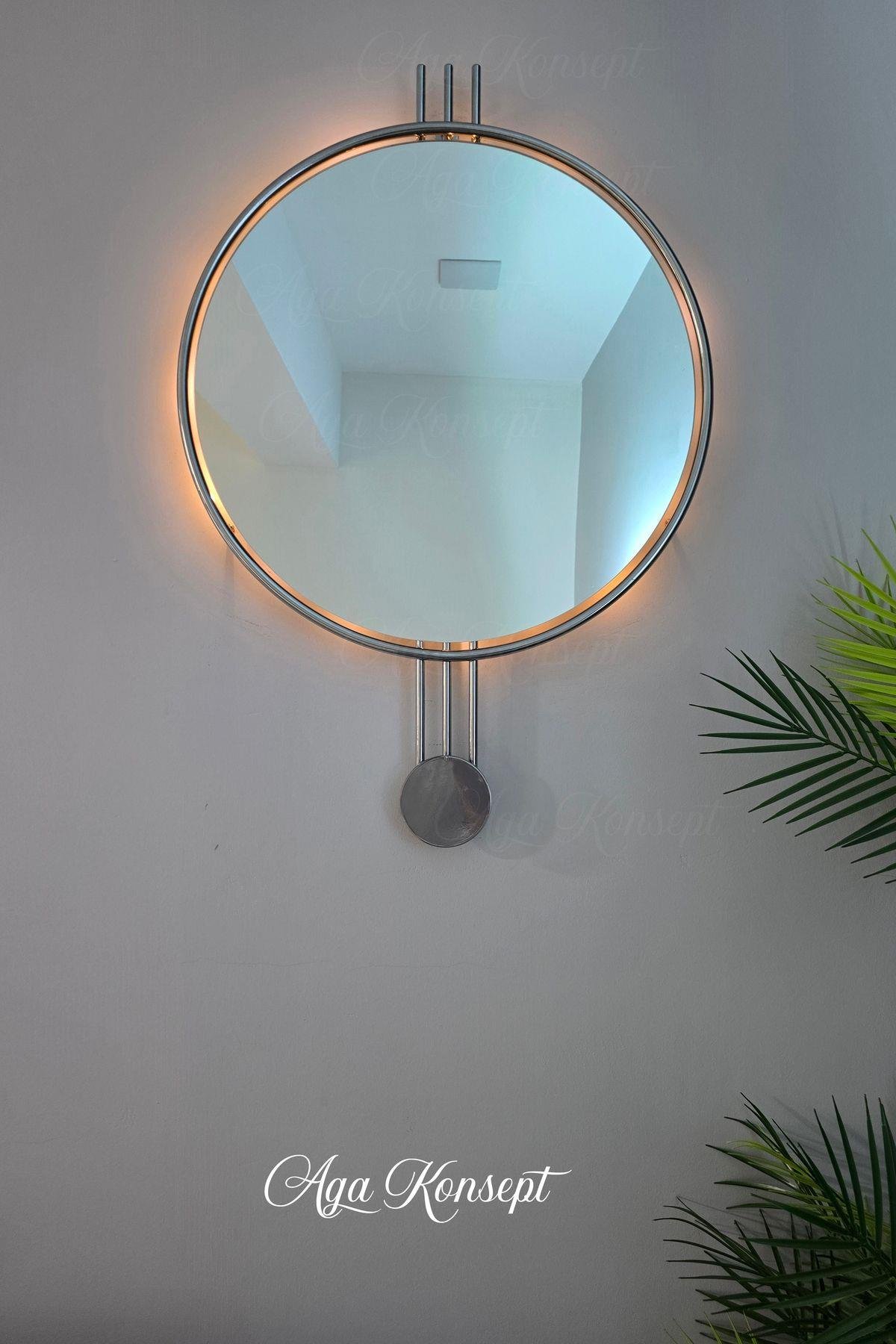 LED li AMEDİ Ayna GÜMÜŞ / Krom Rengi 60 cm Dekoratif Hol Koridor Duvar Salon Makyaj Aynası