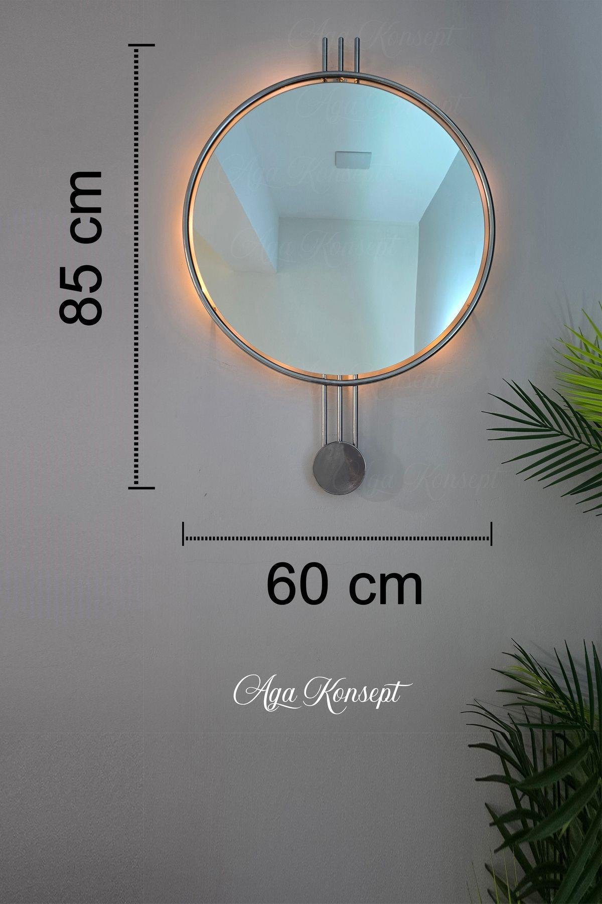 LED li AMEDİ Ayna GÜMÜŞ / Krom Rengi 60 cm Dekoratif Hol Koridor Duvar Salon Makyaj Aynası