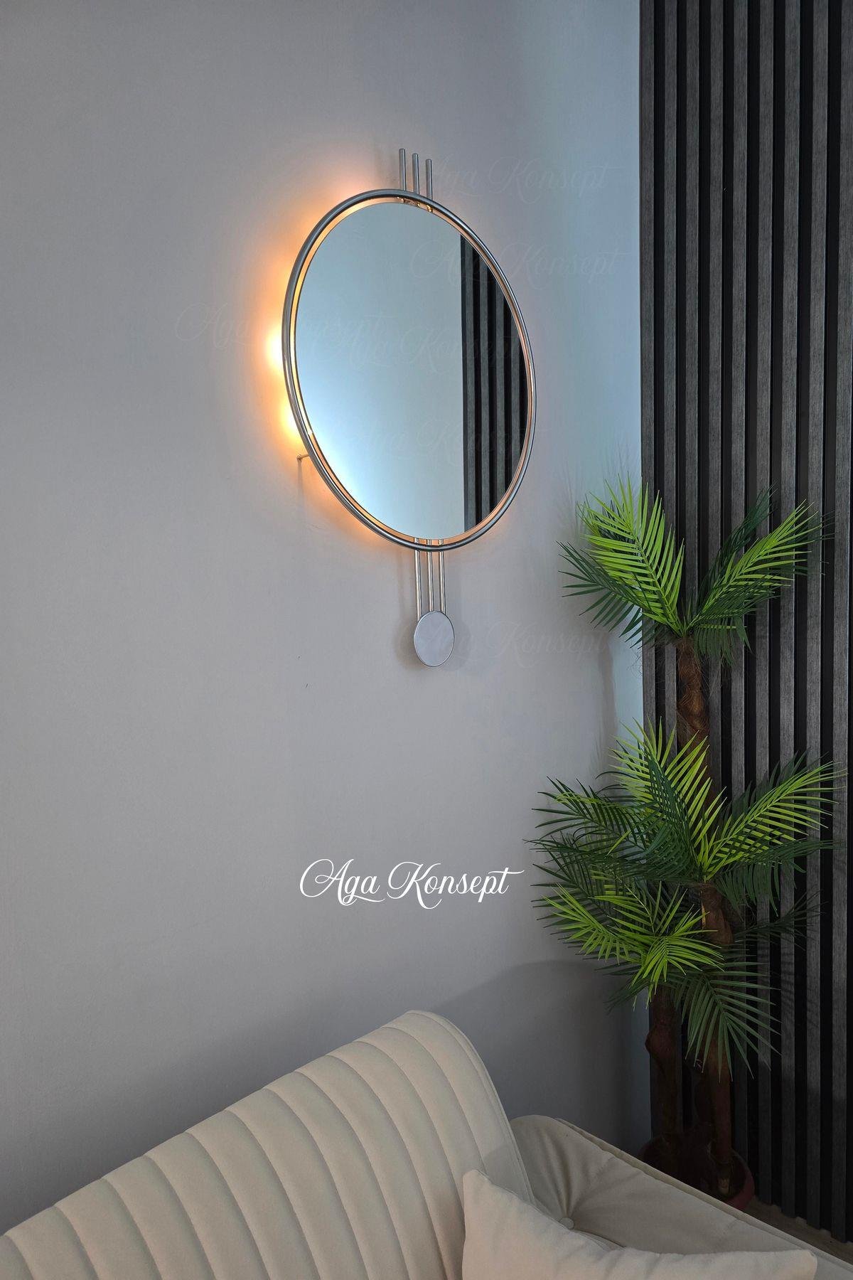 LED li AMEDİ Ayna GÜMÜŞ / Krom Rengi 60 cm Dekoratif Hol Koridor Duvar Salon Makyaj Aynası