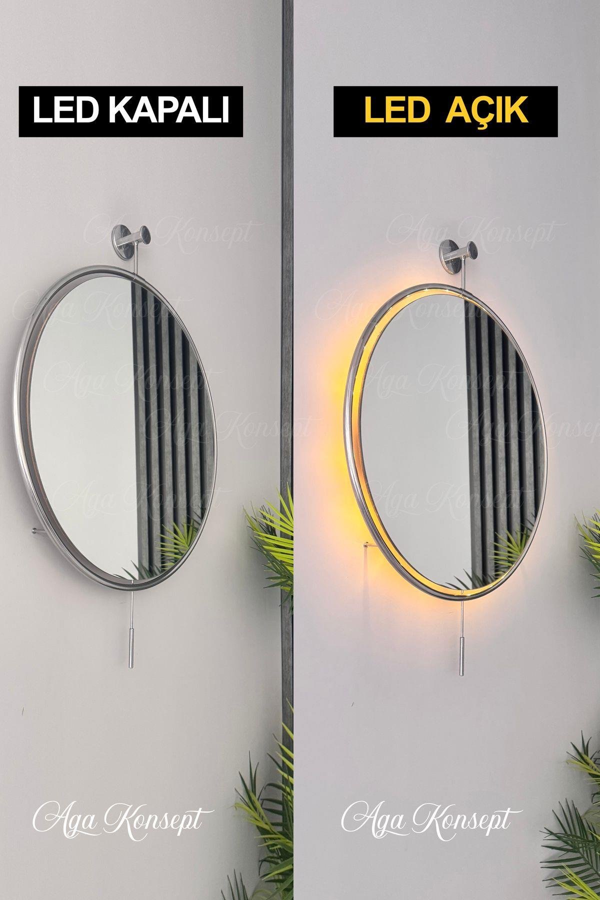 LED li İzmir Ayna KROM Rengi 60 cm Dekoratif Duvar Salon Mutfak Banyo Wc Ofis Makyaj Aynası