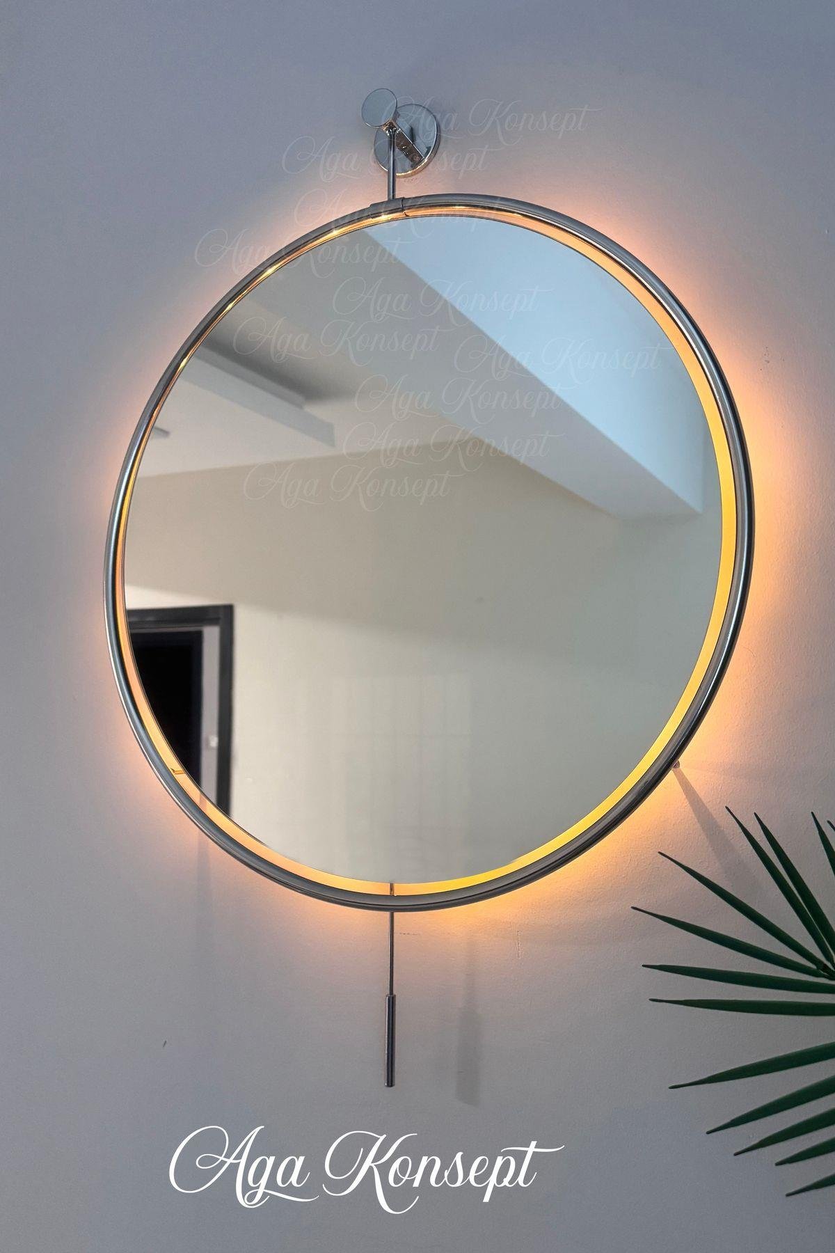 LED li İzmir Ayna KROM Rengi 60 cm Dekoratif Duvar Salon Mutfak Banyo Wc Ofis Makyaj Aynası