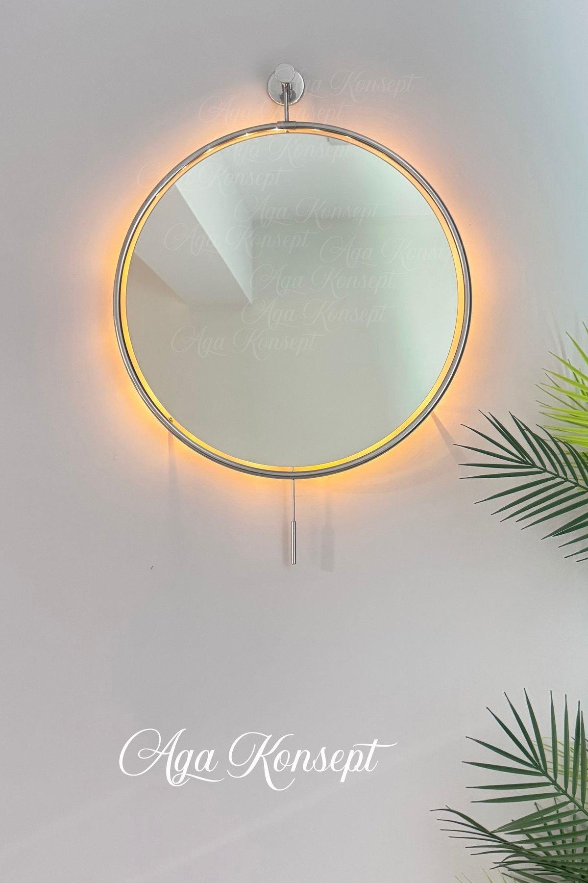 LED li İzmir Ayna KROM Rengi 60 cm Dekoratif Duvar Salon Mutfak Banyo Wc Ofis Makyaj Aynası