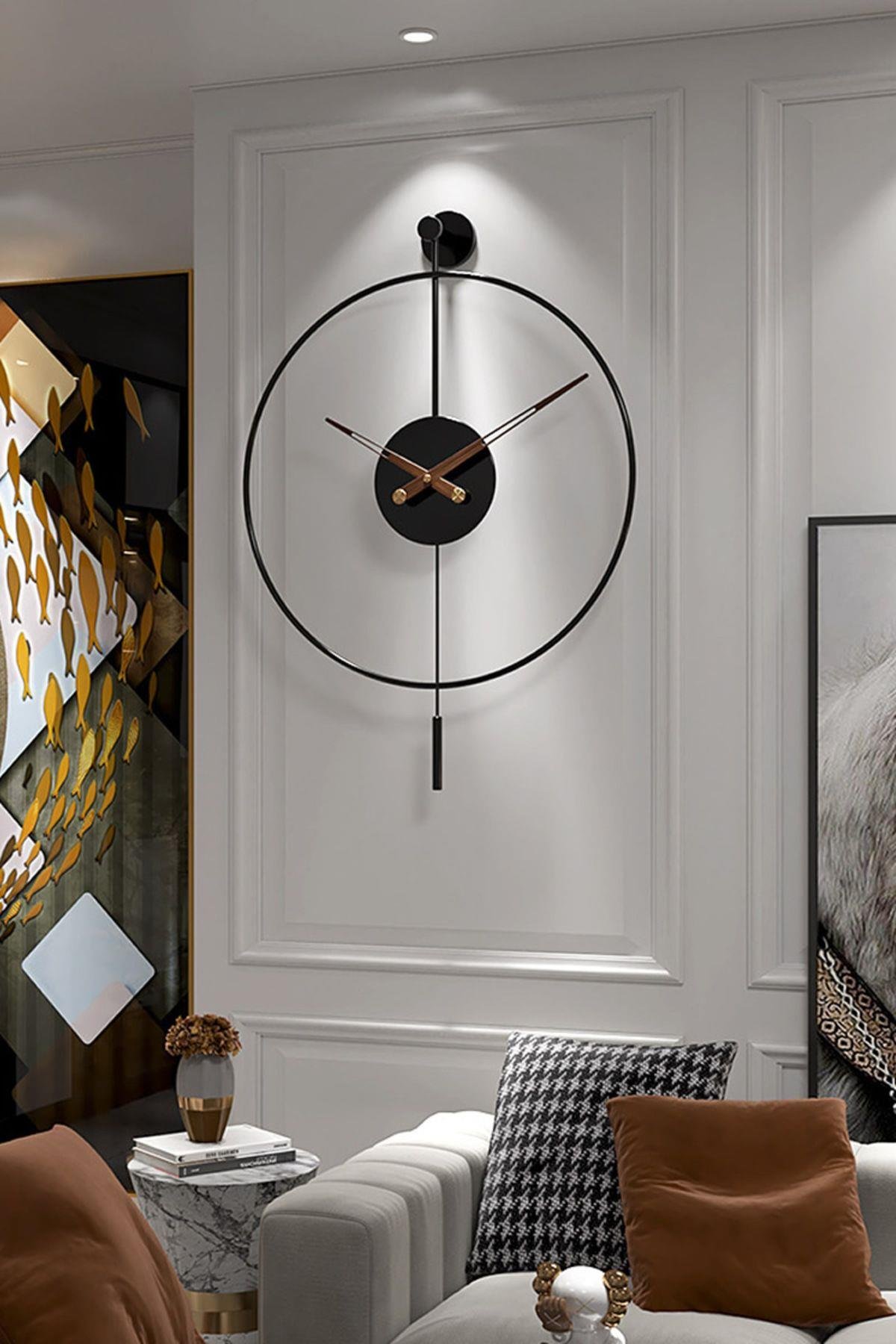 Tiktok Plus 60 Cm Siyah, Modern Dekoratif Sarkaçlı Metal Duvar Saatii