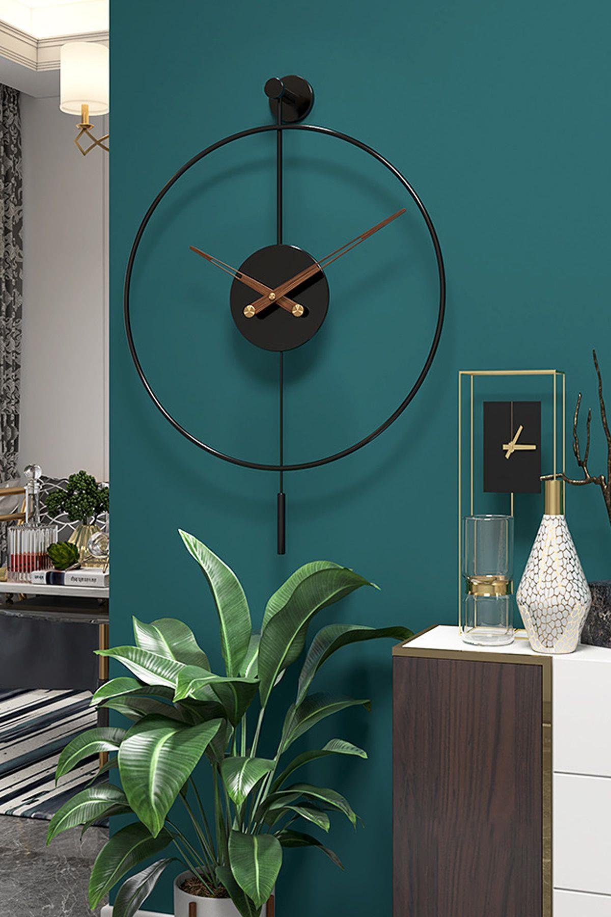 Tiktok Plus 60 Cm Siyah, Modern Dekoratif Sarkaçlı Metal Duvar Saatii