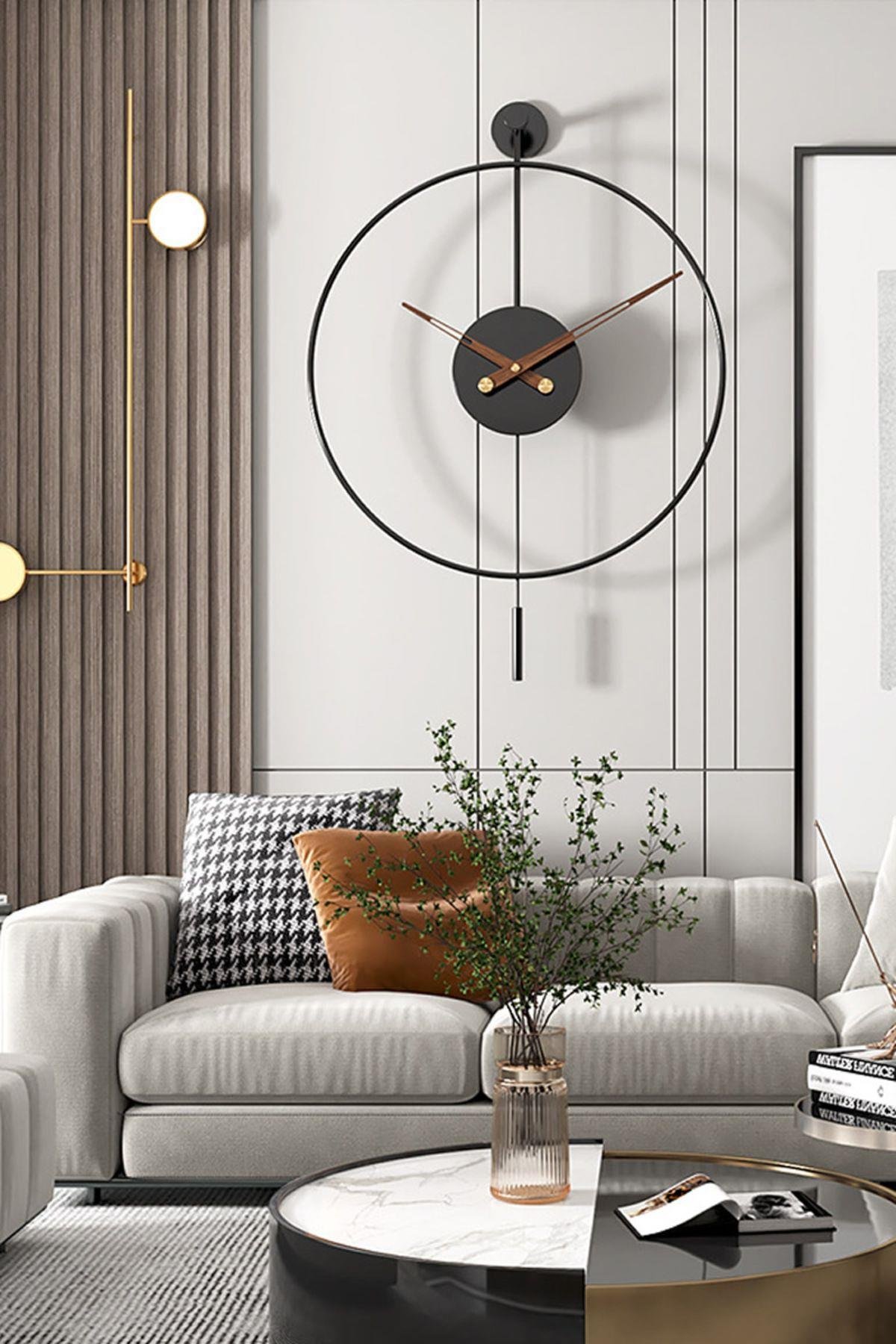 Tiktok Plus 60 Cm Siyah, Modern Dekoratif Sarkaçlı Metal Duvar Saatii