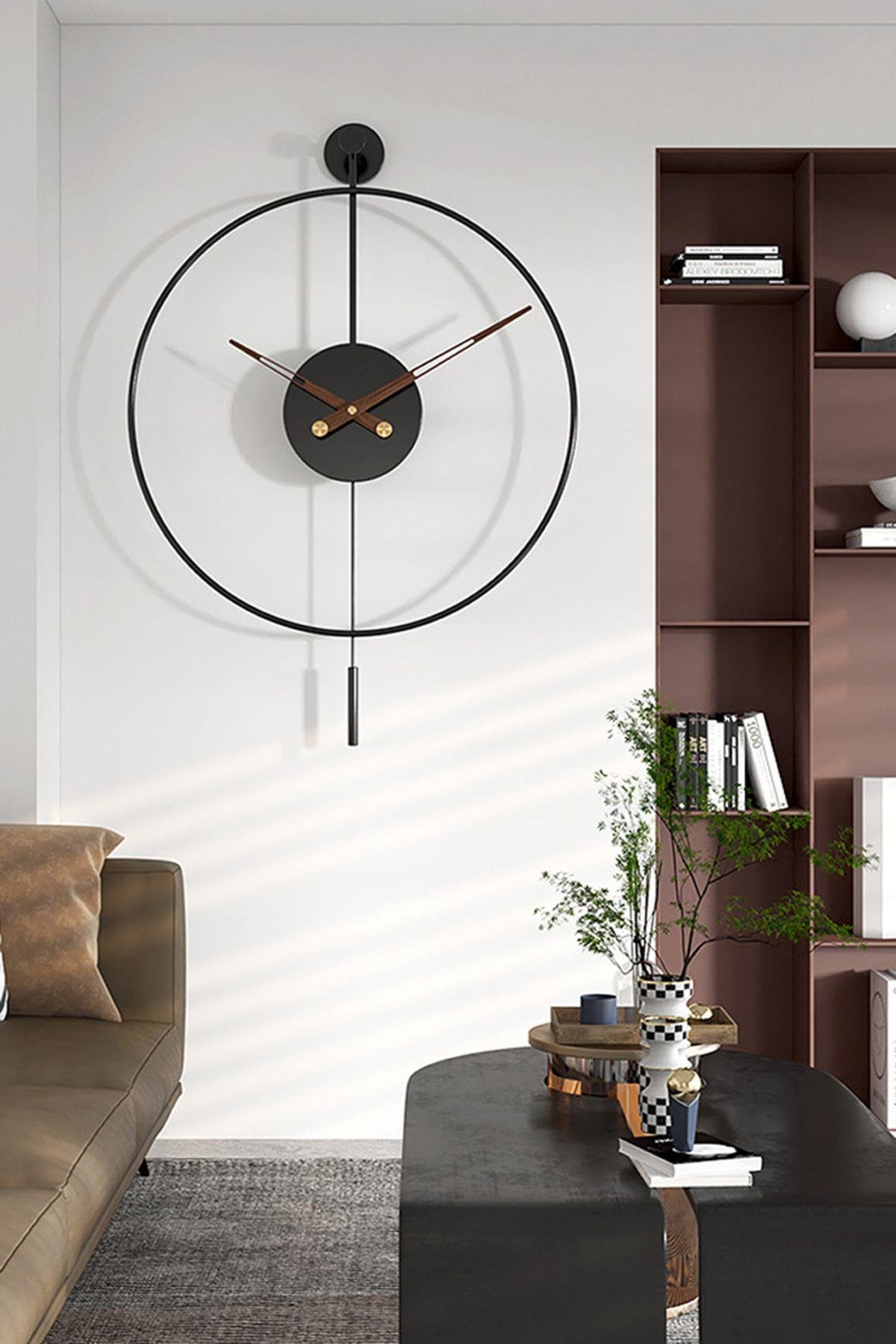 Tiktok Plus 60 Cm Siyah, Modern Dekoratif Sarkaçlı Metal Duvar Saatii