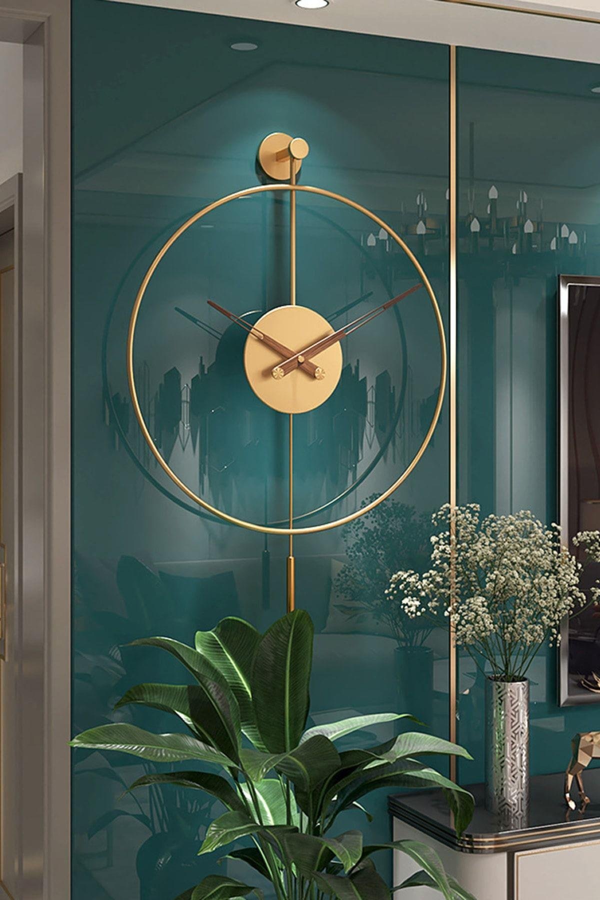Tiktok Plus Orta Boy 50 X 75 Cm Gold, Modern Dekoratif Sarkaçlı Metal Duvar Saati