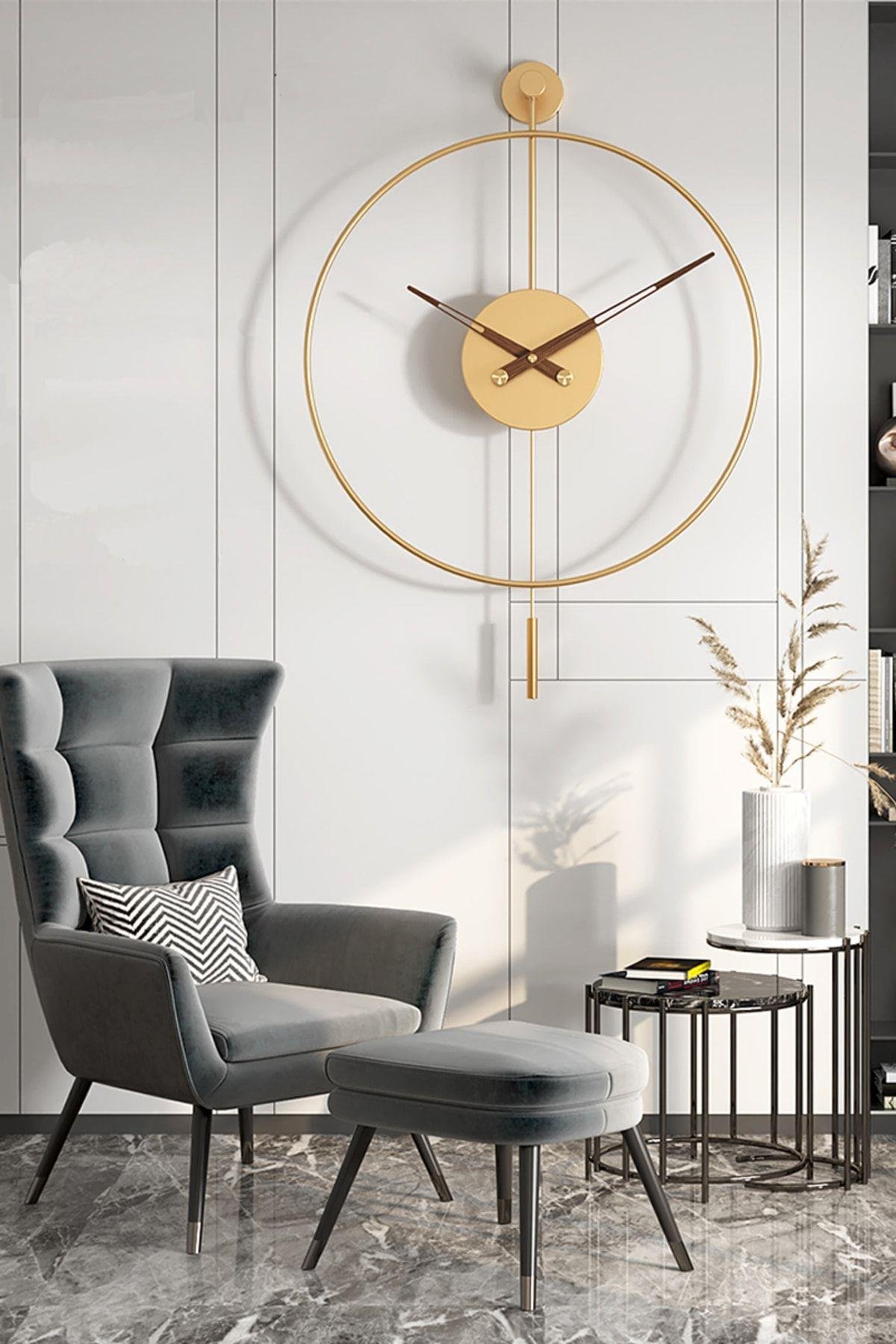 Tiktok Plus Orta Boy 50 X 75 Cm Gold, Modern Dekoratif Sarkaçlı Metal Duvar Saati