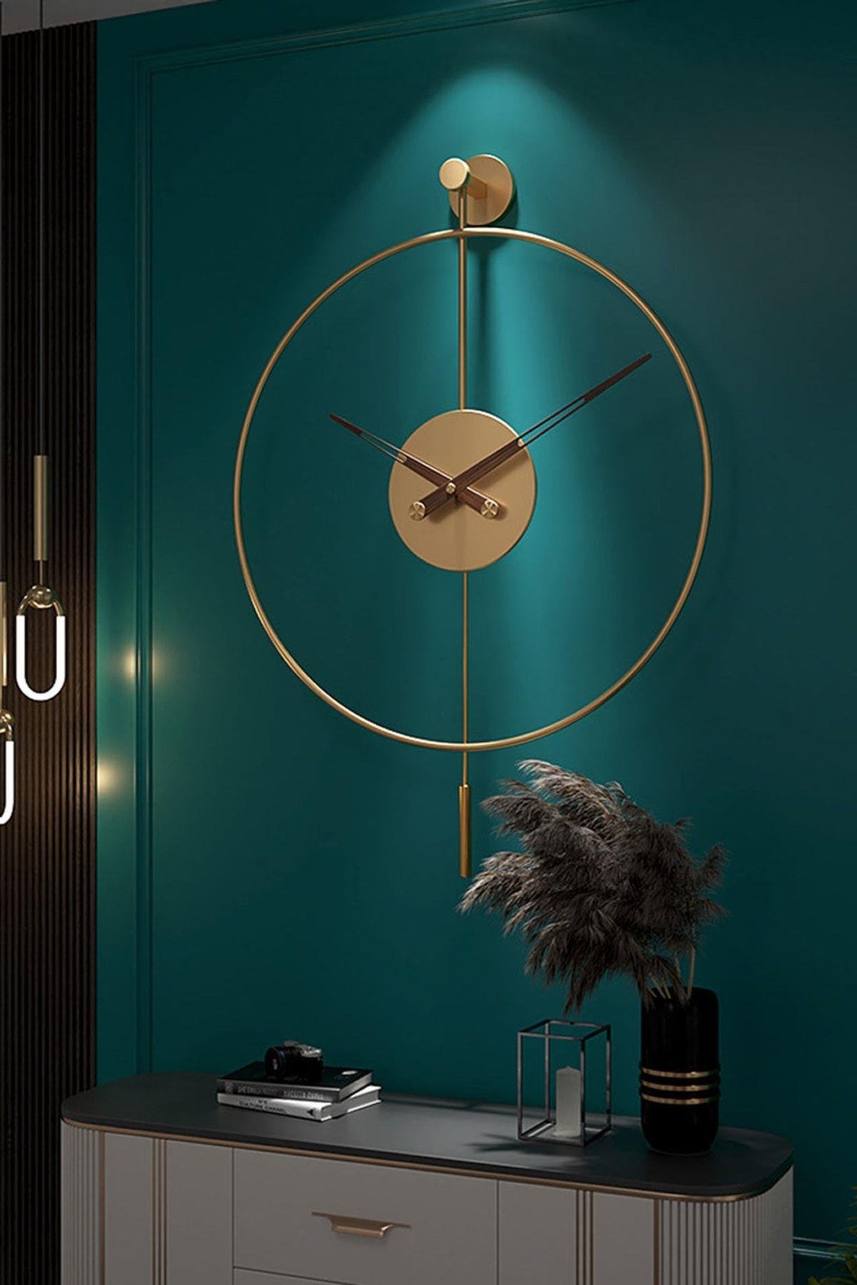Tiktok Plus Orta Boy 50 X 75 Cm Gold, Modern Dekoratif Sarkaçlı Metal Duvar Saati