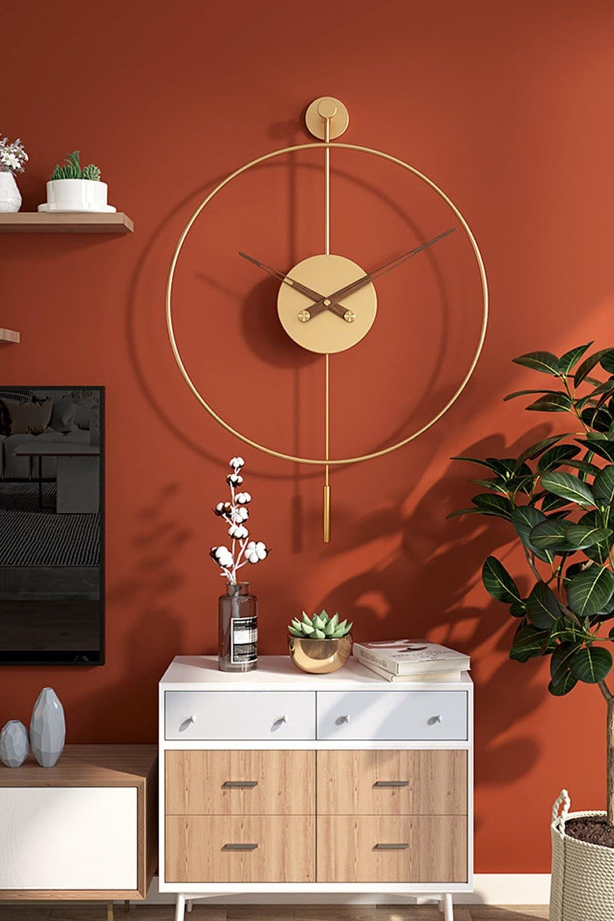 Tiktok Plus Orta Boy 50 X 75 Cm Gold, Modern Dekoratif Sarkaçlı Metal Duvar Saati
