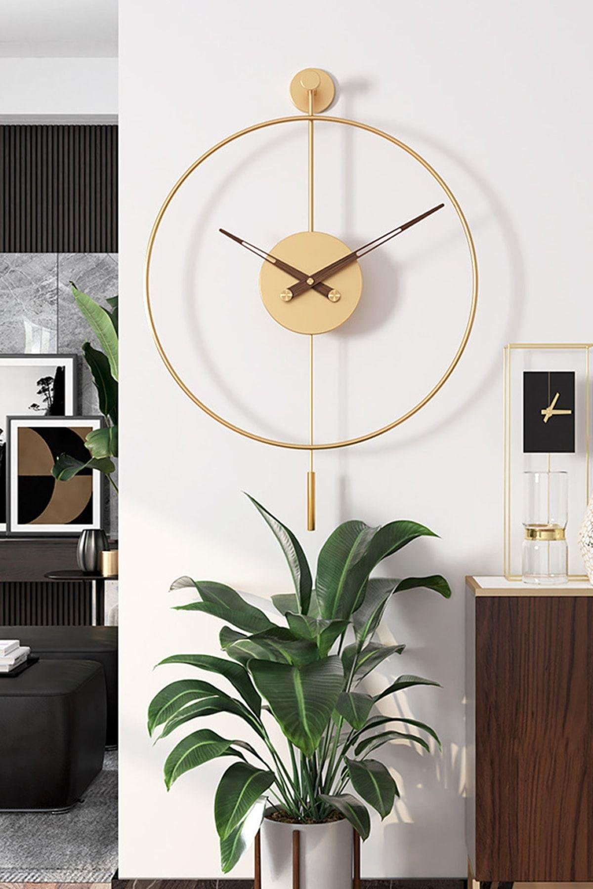 Tiktok Plus Orta Boy 50 X 75 Cm Gold, Modern Dekoratif Sarkaçlı Metal Duvar Saati