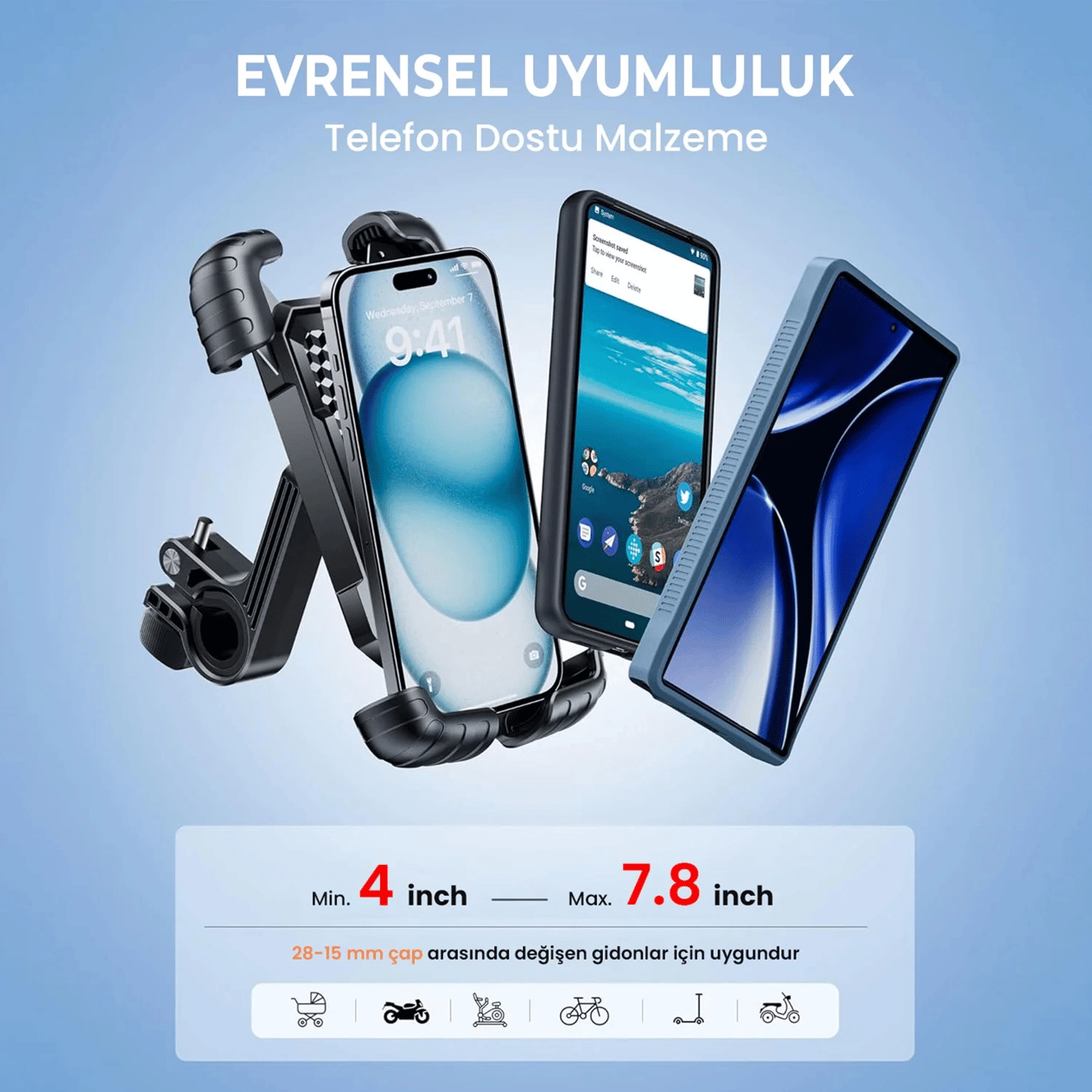 360° Derece Ayarlanabilen Gidon Bağlantılı Bisiklet Motosiklet İçin Abs 4-7.8″ İnç Telefon Tutucu
