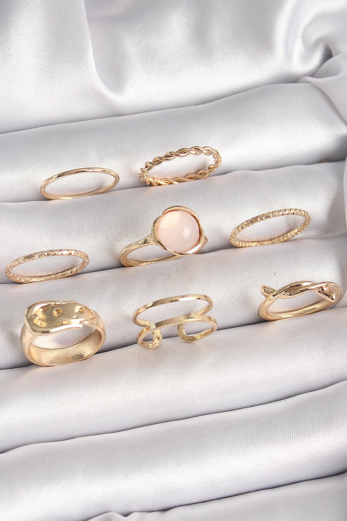 Pirinç Gold Renk Pembe Mineli Kemer Model Kadın Yüzük Kombini