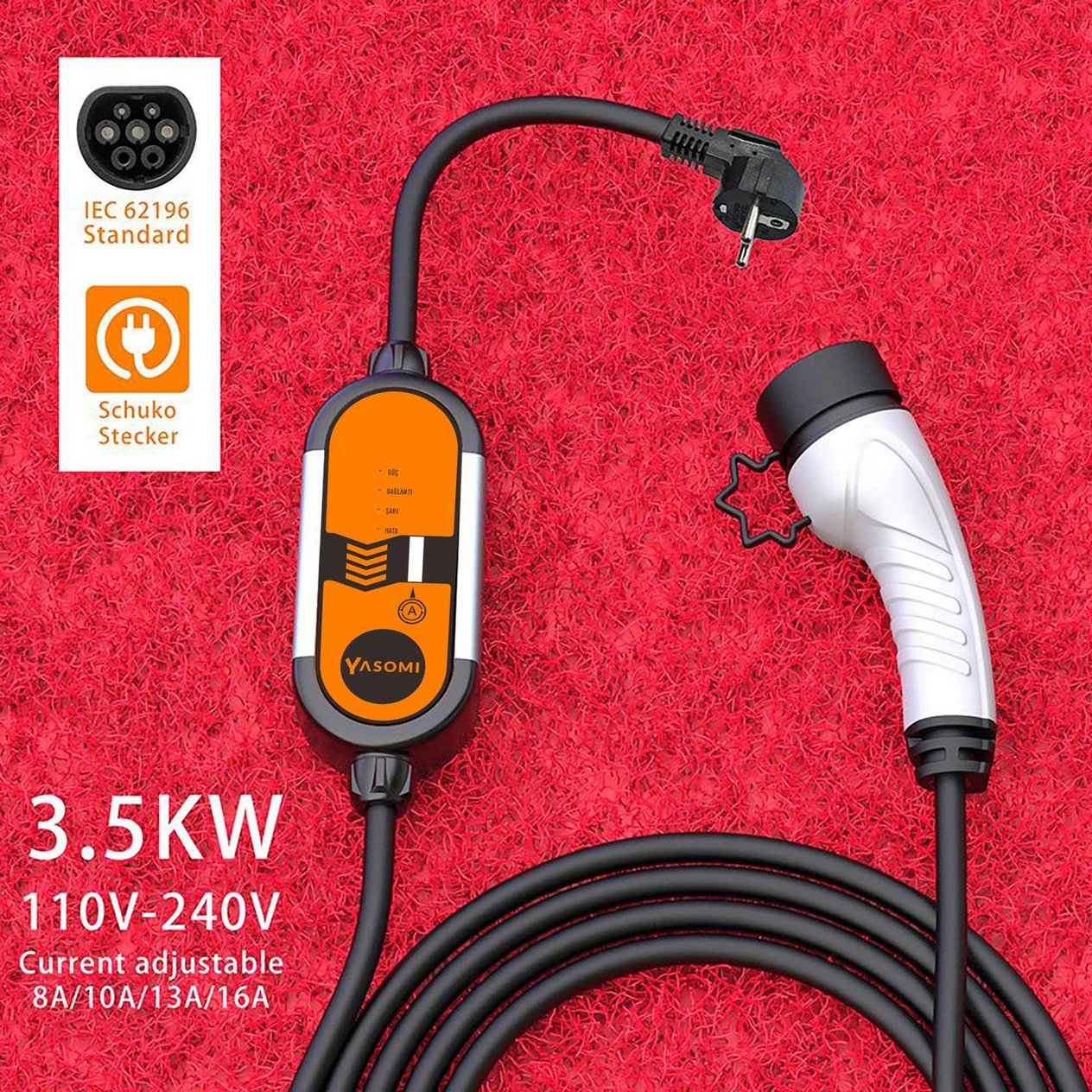 Yasomi 3x 3.5kw Taşınabilir Ev Tipi Elektrikli Araç Şarj Cihazı (24 Ay Garantili)