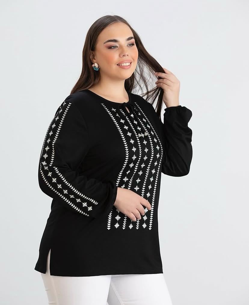  YAKA BAĞCIKLI ETNİK BASKILI SİYAH VİSKON BLUZ