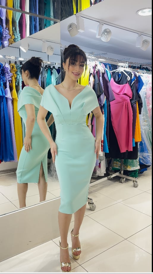 Melek model V Yaka Büzgülü Midi Elbise