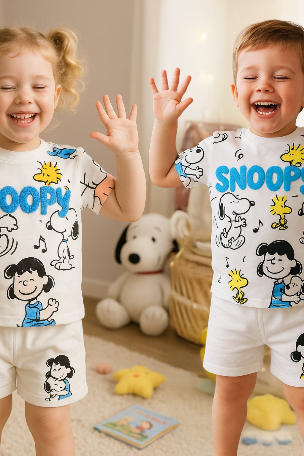 Beyaz Snoopy Nakışlı Şortlu Takım